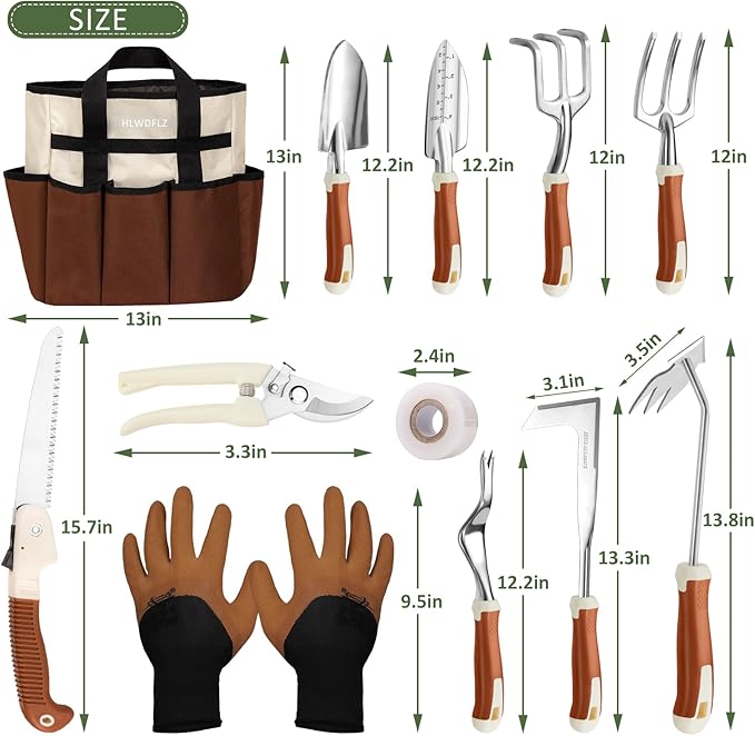 Garden Tool Set, 12 Pcs Heavy Duty Floral Gardening Tools Kit with Gardening Hand Weeder Tools, Durable Storage Bag and Gloves, Gifts for Women and Men Brown