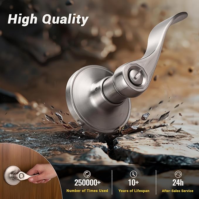 Knobonly 10 Pack Satin Nickel Privacy Door Levers Interior Door Handles for Bedroom and Bathroom Door Knobs Keyless Privacy Door Handles with Lock, Zinc Alloy Reversible for Right/Left