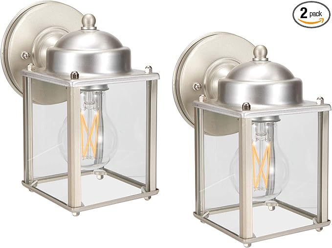 LIT-PaTH Outdoor Wall Lantern, Wall Sconce as Porch Lighting Fixture, E26 Medium Base, Aluminum Housing Plus Glass, Bulbs NOT Included, 2-Pack, Nickel Finish