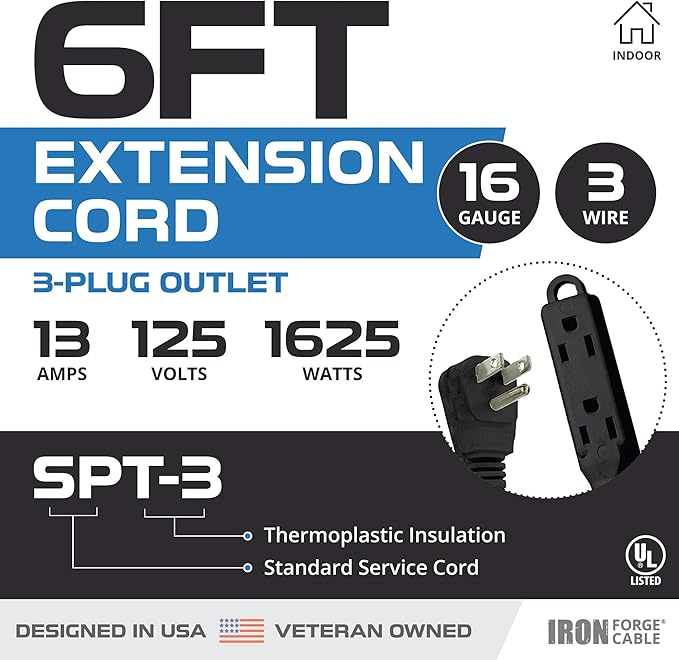 Iron Forge Cable 6 ft Flat Plug Black Extension Cord with 3 Outlets - 16/3 SJTW 3 Prong Indoor Extension Cord with Multiple Outlets