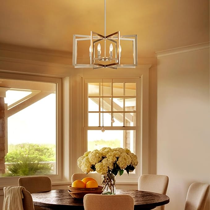 Brushed Nickel Chandelier 8-Light, 26" Large Dining Room Light Fixture Geometric Metal Modern Pendant Hanging Ceiling Lamp for Kitchen Island Living Room Entryway