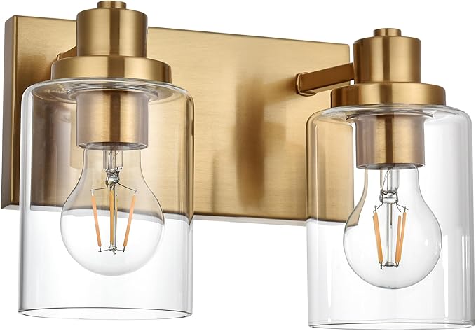 2 Light Bathroom Vanity Lights Brushed Brass Bathroom Lighting Fixtures over Mirror with Clear Glass Shade, Vintage Gold Vanity Light For Bathoom, Modern Bathroom Wall Vanity Lighting Fixtures