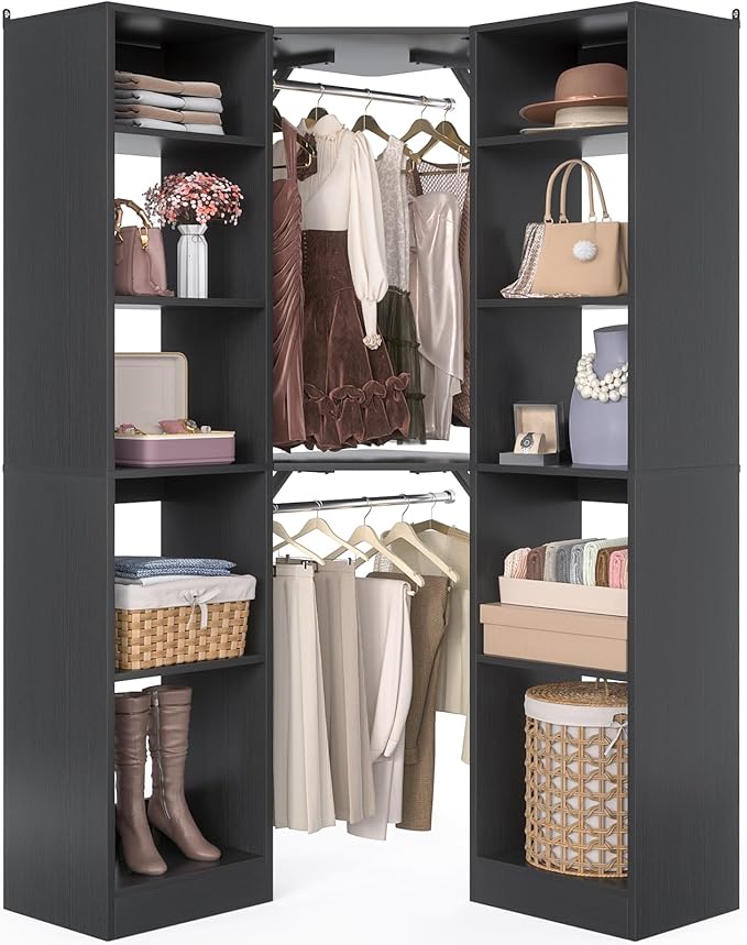 Corner Closet System with 12 Shelves, 39.2" Corner Closet Organizer System with 2 Hanging Rods, Versatile 6-Tier Walk-in Closets for Corner Space, Black (39.2" L x 39.2" W x 80" H)