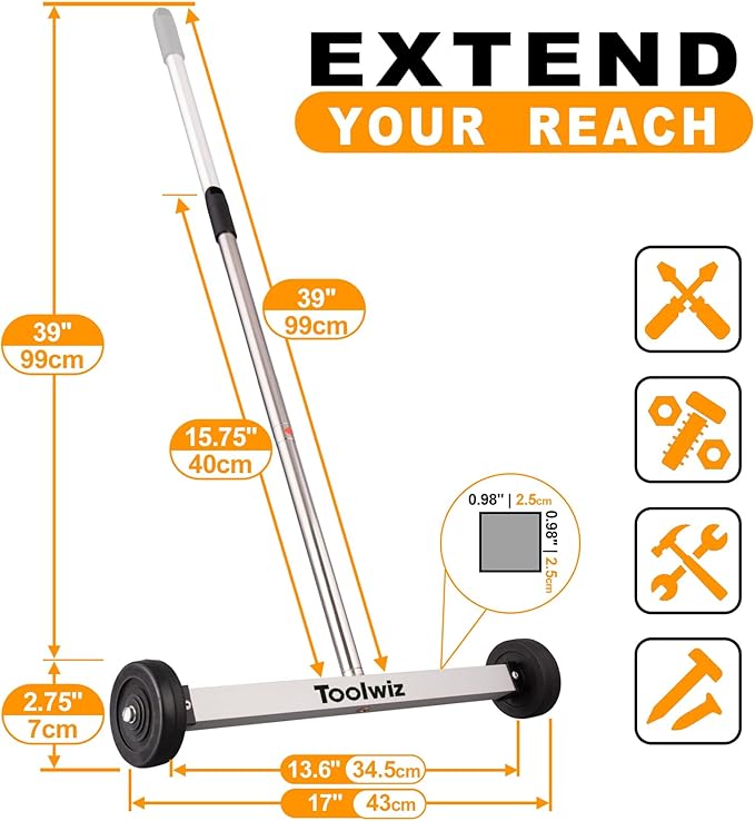 Toolwiz Magnetic Pick Up Sweeper 17-inch Heavy Duty Magnet Pickup Lawn Sweeper Roofing Tools, 8.8 Lbs Yard Magnet with Telescoping Holder and Wheels to Pick Up Nails Magnetic Sweeper for Construction