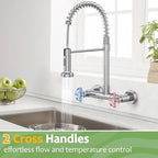 Wall Mount Kitchen Faucet, Hurran Brushed Nickel Kitchen Sink Faucet, 8 Inch 2 Handle Wall Mount Commercial Sink Faucet with Pull Down Sprayer for Kitchen Laundry Room Restaurant