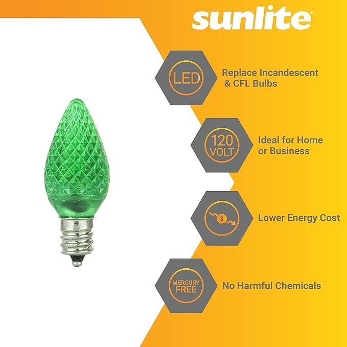 Sunlite 40459 LED C7 Holiday Decorative Light Bulb, 0.4 Watts, E12 Candelabra Base, Faceted Christmas-Lights; Nightlight, Green 24 Count