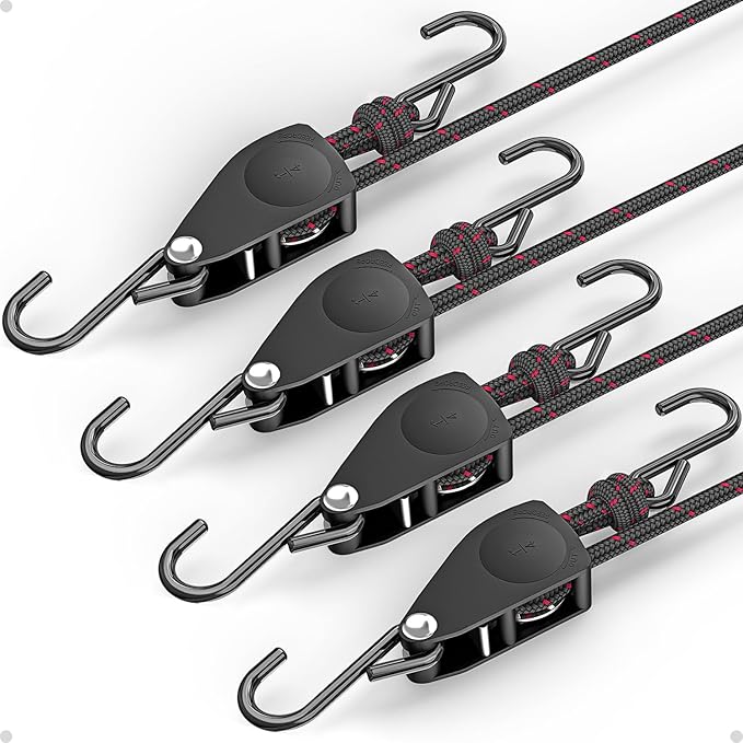 Fondwell 1/4" Rope Tie Downs Ratchet: 4 Pack of Kayak Storage Straps Heavy Duty - Ratcheting Cargo Straps for Various Hanging and Strapping