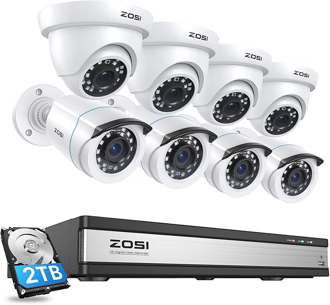 ZOSI Full 1080p 16 Channel Home Security Camera System with AI Human Vehicle Detect, 8 x 1080p Weatherproof CCTV Bullet Dome Camera Outdoor, H.265+ 16CH DVR with 2TB HDD, Night Vision, Alert Push