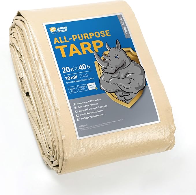 GUARD SHIELD Beige Tarp Heavy Duty Waterproof 20x40 Feet Outdoor Poly Tarps Cover Square Thick UV Resistant Canopy Tarpaulin with Grommets 10mil