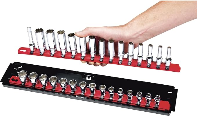 Heavy Duty Socket Organizer with Tray - Ernst Manufacturing 19-Inch Socket Boss 2-Row, 1/4-Inch-Drive Twist Lock Socket Holder, SAE, METRIC, Red (8452) - Automotive Industry - Made in USA