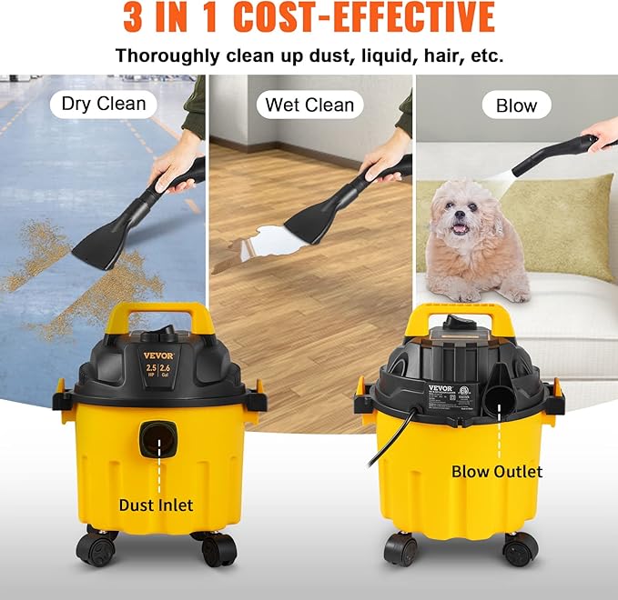 VEVOR Shop Vac Wet and Dry Vacuum Cleaner 2.6 Gallon 2.5 Peak HP - Powerful Suction with Blower Function & Attachments 3-in-1 Crevice Nozzle - Perfect for Car Carpet Debris Pet Hair Black/Yellow
