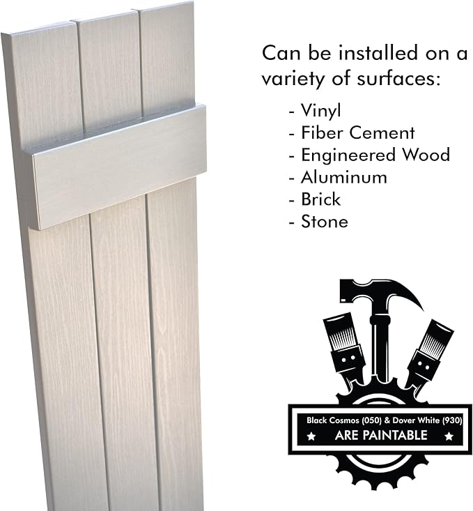 Board & Batten Vinyl Shutters (1 Pair) | 11"x71" (3-Board) - Dover White/Paintable | Exterior Window Shutters | Includes Mounting Hardware | Simple Installation | Made in USA