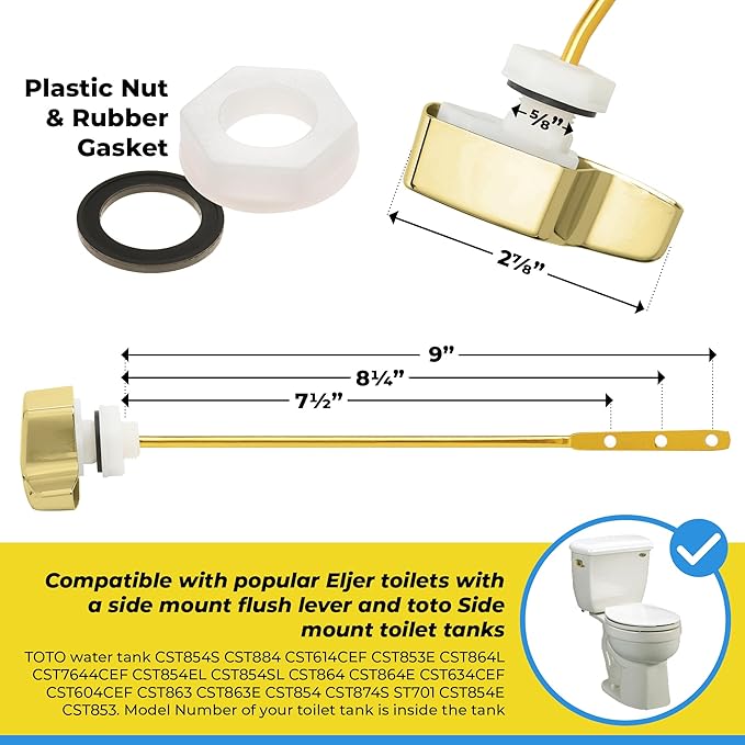Universal Side Mount Toilet Handle Tank Flush Lever - Modern Durable Toilet Bowl Handles Side Mount - Also Replaces Eljer Toilet Handle & THU004-CP Toto Toilet Handle Replacement (Brass Polished)