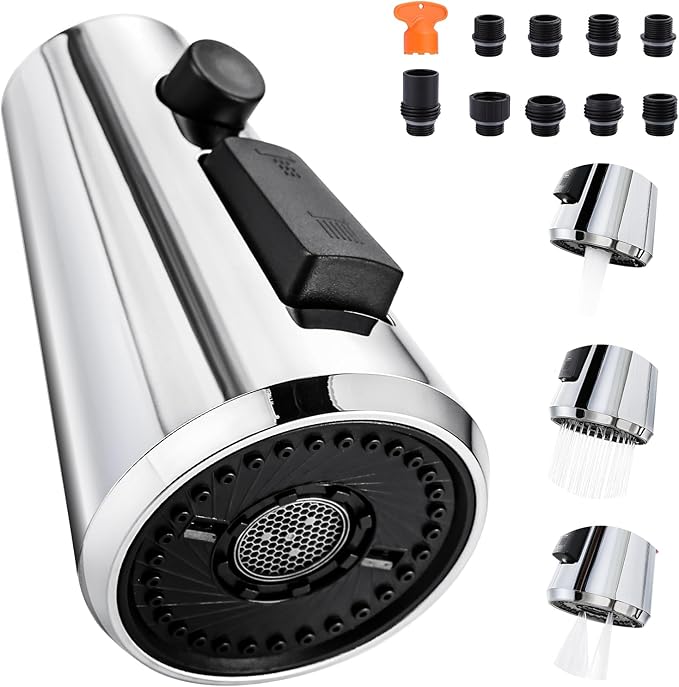 ALEASHA Pull Down Spray Head for Kitchen Faucet,3-Function Sink Spray Nozzle with 9 Adapters,Kitchen Faucet Head Replacement Compatible with American Standard Faucets,Chrome