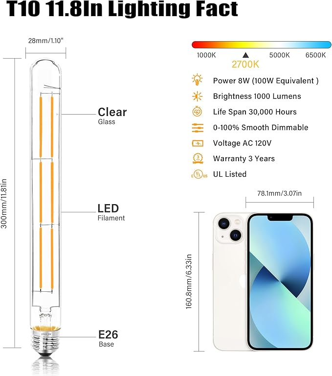 11.8IN 1000LM 2700K Soft White Light Bulbs E26 Base, T10 T9 Edison Bulbs Dimmable 8W, AC 120V 100 Watt Equal Filament Bulb, Vintage Clear Glass Long Tubular LED Bulb, UL Listed - 4Pack