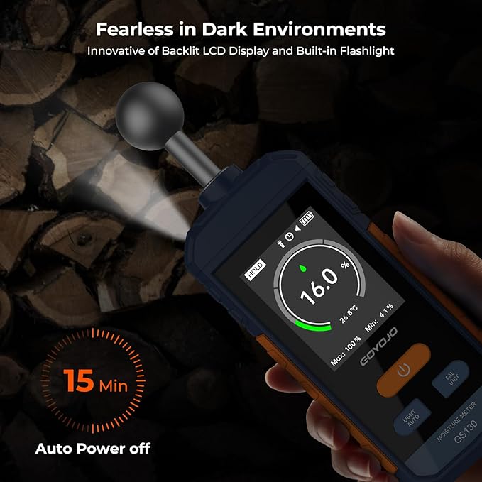 Pinless Wood Moisture Meter for Walls & Drywall | Digital Moisture Detector, Concrete Moisture Meter & Firewood Reader | GS130 USB-C Rechargeable Humidity Tester
