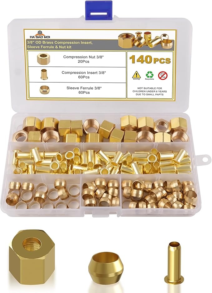 140PCS Compression Fittings Assortment kit - 3/8" of Brass Compression Sleeve Ferrule, Insert and Nuts,Used to Connect Lines for Air,Water,Fuel,Oil and Inert Gases