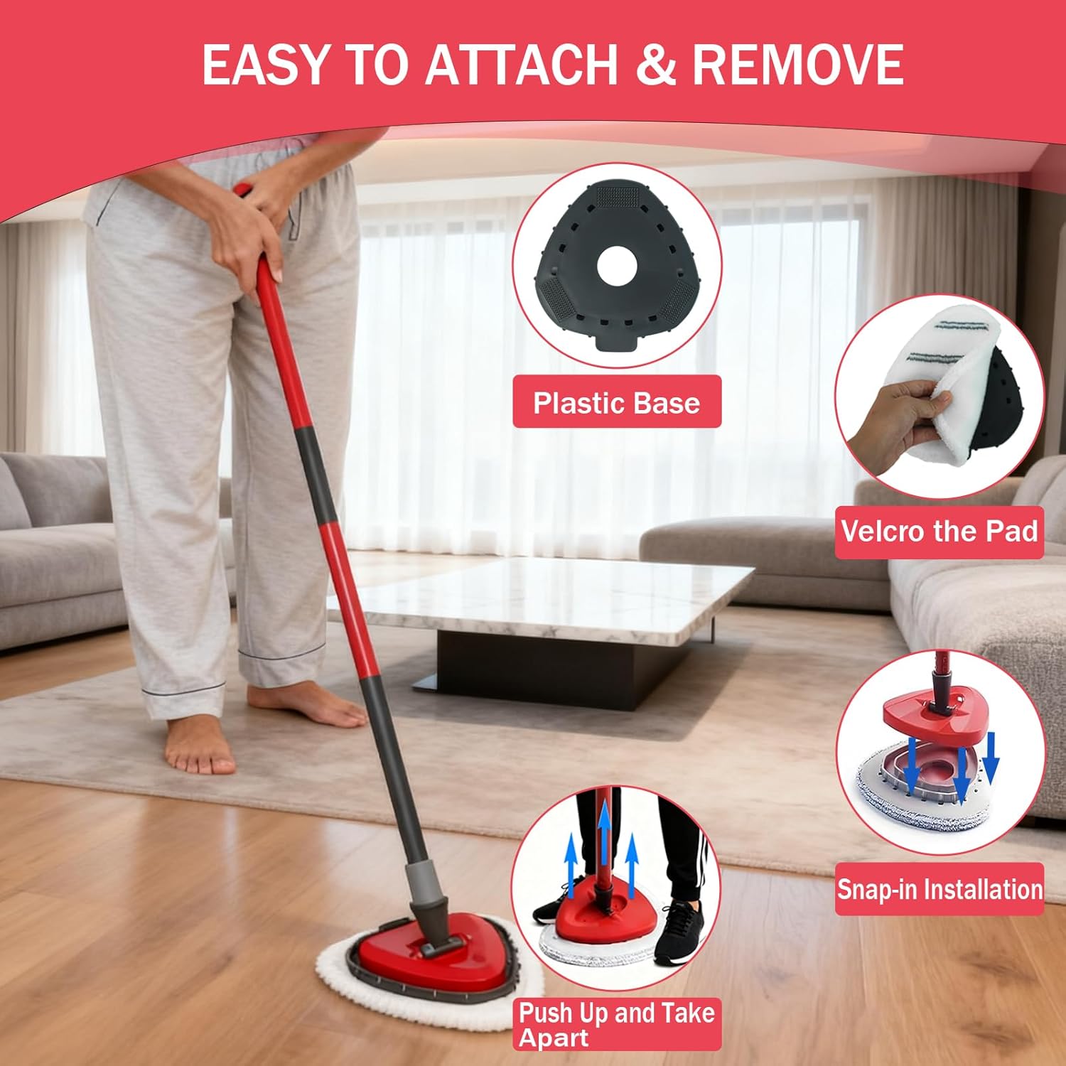 Triangule Flat Mop Replacement Pads, Spin Mop Pad Replacement, 8 Pack Mop Refill Pads, 1 Mop Base and 1 Scraper for Cleaning Floor, Wall, Ceiling, Easy to Replace