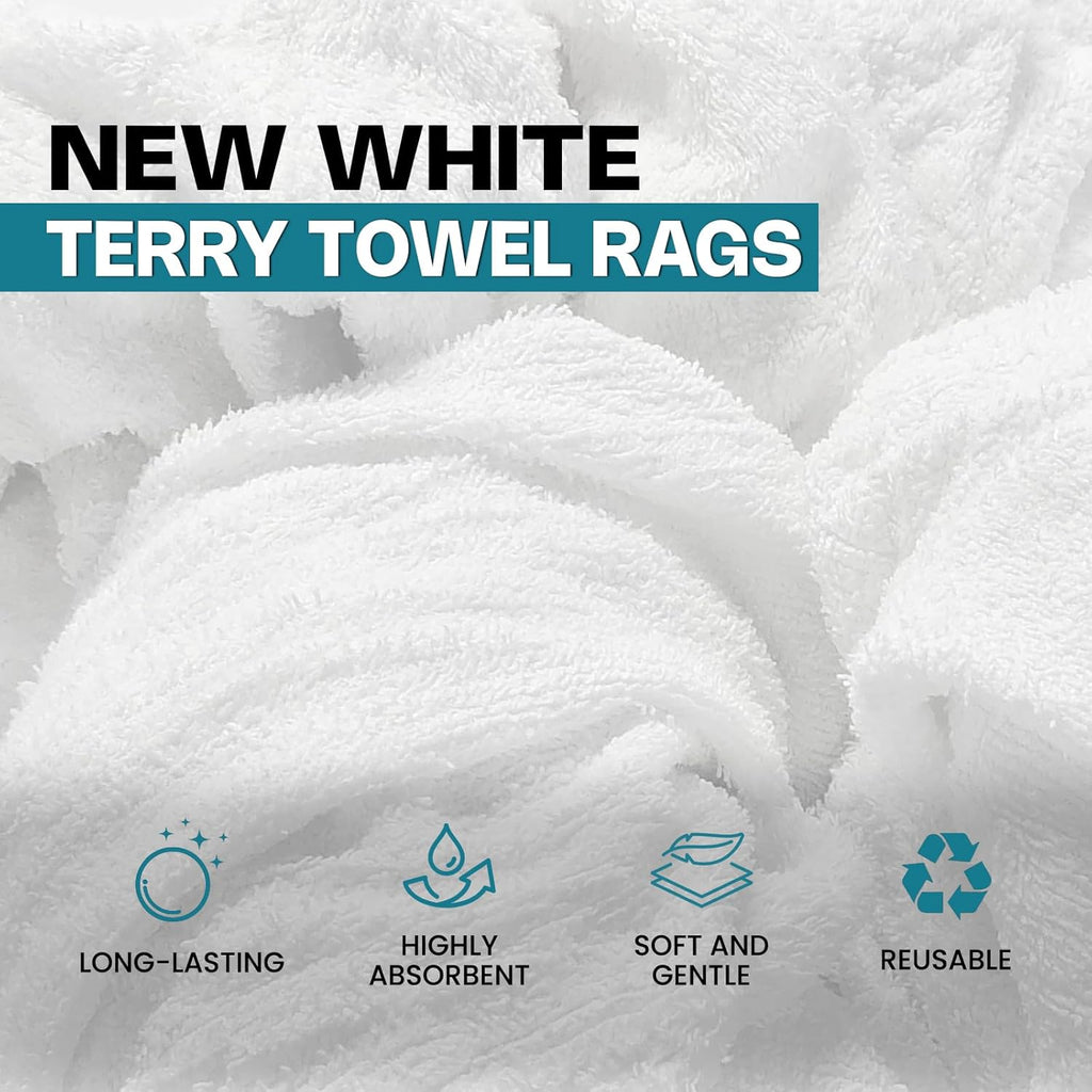 Premium White Terry Cloth Rags (25 lbs.Bag) Super Absorbent Cotton Towel Cleaning Rags for Garage, Industrial Use & Housekeeping