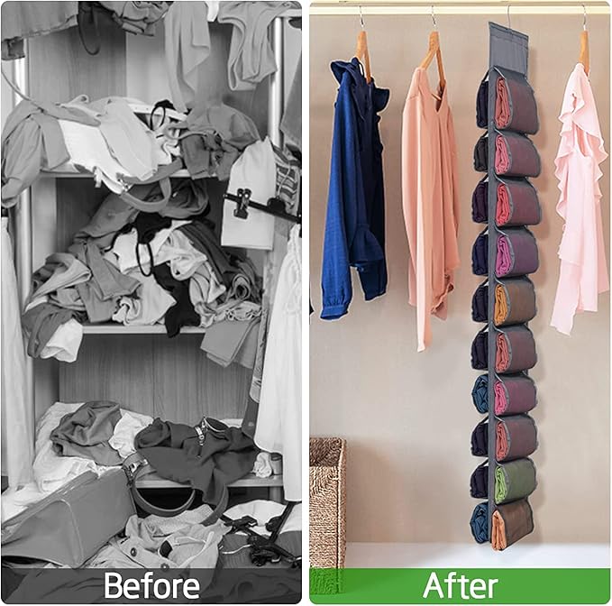 Legging Storage Organizer for Closet, Hanging Closet Organizer System, Grey Clothes Closets Holder with 20 Roll Independent Compartments for Yoga Leggings T-Shirts Bras Socks Pants Tank Top Towel