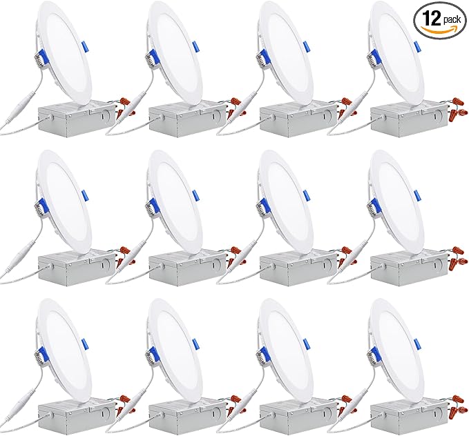 TORCHSTAR 12-Pack 6 Inch Ultra-Thin LED Recessed Lighting with J-Box, 3000K Warm White, 12W Dimmable 1000lm Brightness LED Downlight, ETL & Energy Star Listed