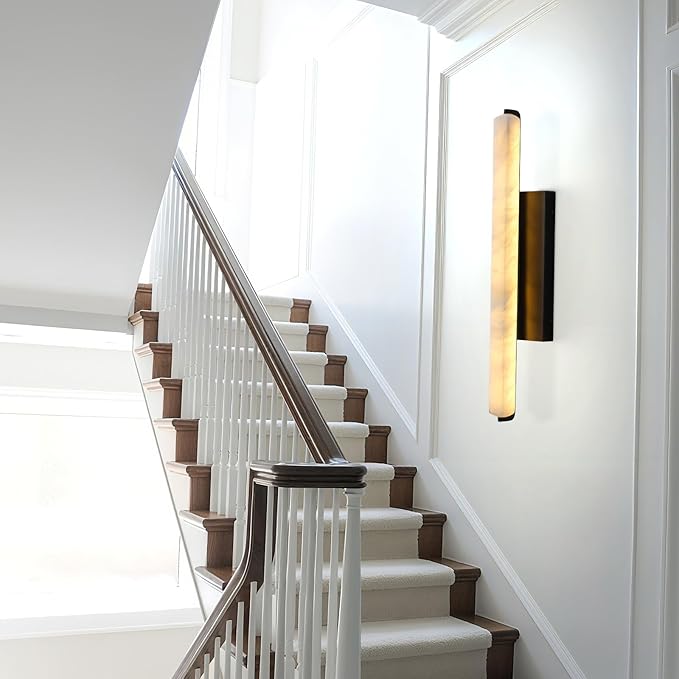 Alabaster Wall Sconces Set of Two, 25in Black Alabaster Sconce, Modern Spanish Natural Marble Sconces Lights, Rectangle Sconces for Bathroom Vanity Bedroom Living Room Staircases Hallway