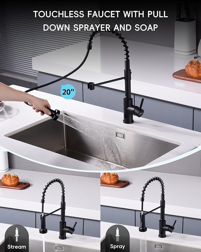 APPASO Black Touchless Kitchen Faucet with Soap Dispenser, Motion Sensor Activated Hands-Free Automatic Faucet for Sink with Pull Down Sprayer, Single Handle Smart Faucets for Kitchen Sink