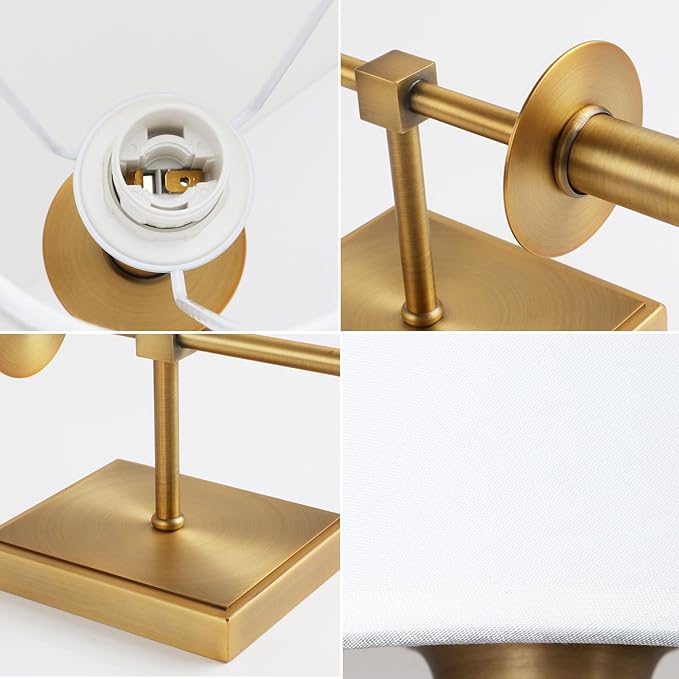 PERMO Single Classic Rustic Industrial Wall Sconce Lighting Fixture with Flared White Textile Lamp Shade and Antique Brass Tapered Column Stand, Hardwired, E26 Base