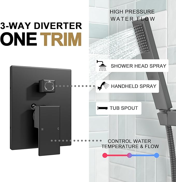 Lava Odoro Modern 3-Setting Square Shower and Tub Faucet Set with Shower Head and Handheld Sprayer Black, Rainfall Shower System with Tub Spout, Shower Valve Trim Kit, Matte Black, SF103-MB-T