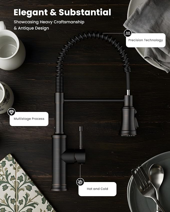 DAYONE Antique Oil Rubbed Bronze Kitchen Sink Faucet with Pull Down Sprayer, 3 Modes Stainless Steel Spring Vintage Sink Faucet for Farmhouse Kitchen Bar Camper 1 or 3 Holes Single Handle