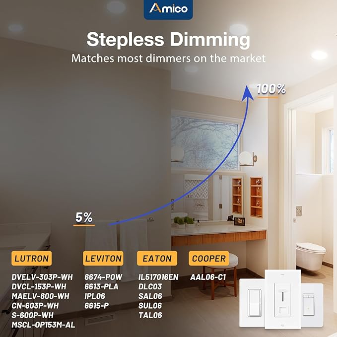 Amico 12 Pack 6 Inch 3CCT Ultra-Thin LED Recessed Ceiling Light with Metal Junction Box, 3000K/4000K/5000K Selectable, 12W Eqv 100W, Dimmable LED Canless Wafer Downlight, 1000LM-ETL&FCC