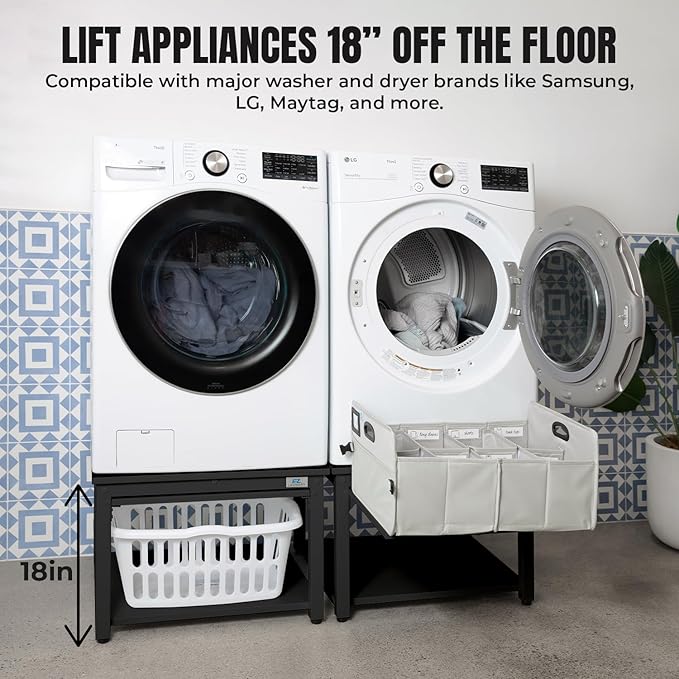 Washer and Dryer Pedestals with Pullout-Shelf - 28" W, 18" H, Black Steel Universal Fit with Major Brands | Laundry Pedestal with Drain Pan & Hose | Washer Stand for Back Pain Relief, 800 lbs Capacity