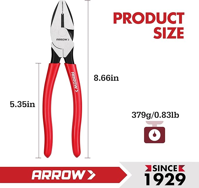 ARROW 8" High Leverage Linemans Pliers, Side Cutters, Linesman Pliers for Wire Cutting, Gripping