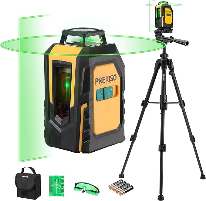 PREXISO 360° Laser Level with Tripod, 100Ft Cross Line Leveler- Green Horizontal Line Laser Level Self Leveling for Construction, Floor Tile Renovation with Target Plate, Green Glasses, 4 AA Batteries
