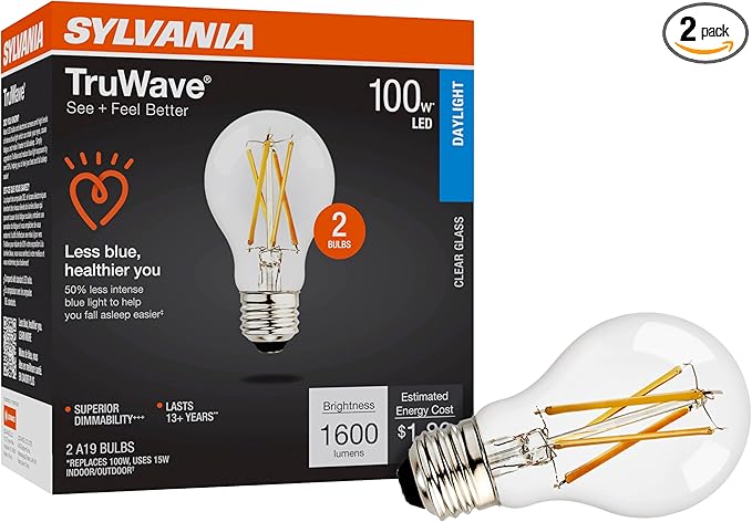 Sylvania LED TruWave Natural Series A19 Light Bulb, 100W Equivalent, Efficient 15W, 1600 Lumens, Medium Base, Dimmable, Clear, 5000K, Daylight - 2 Pack (42291)