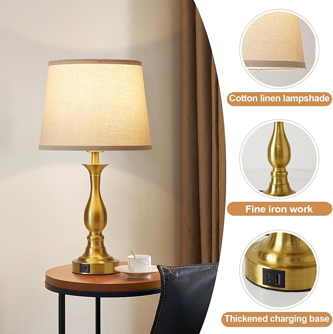 Bedside Table Lamp Touch Control Bedroom Lamps with USB-C USB-A Charging Port 3 Way Dimmable Touch Lamps for Nightstand Living Room Bedroom Dorm Home Office Reading, Set of 2