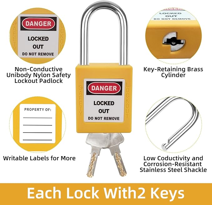 Lockout Tagout Lock Set-10pcs Keyed Different Yellow, 2 Keys, OSHA Compliant Safety Padlocks for Electrical Lockout Tag Out Kit