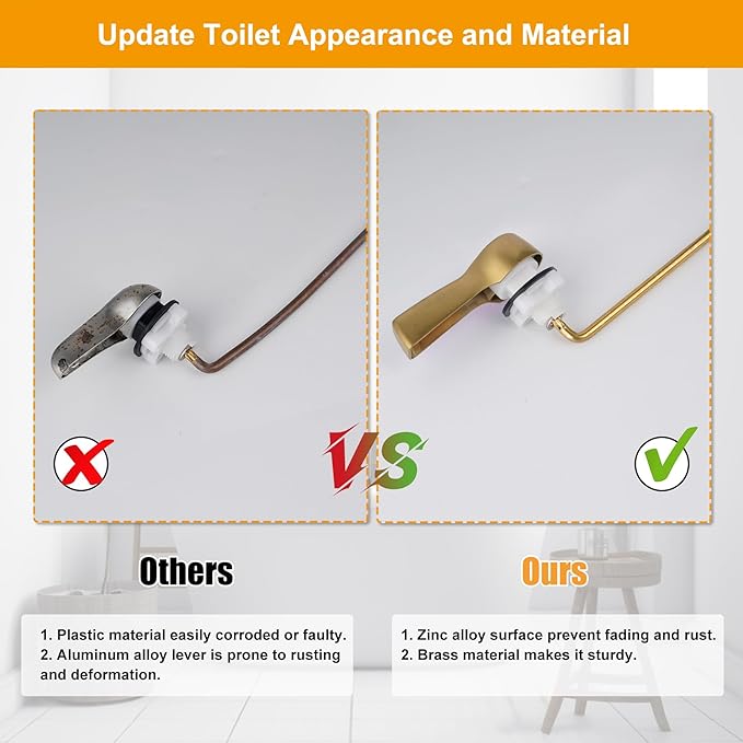 Hibbent Universal Metal Front Mount Toilet Handle Replacement Kit, Brass Toilet Flush Tank Lever with Stainless Steel Flapper Chains for Most Toilets, Brushed Gold Finish