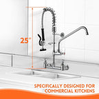 25" Height Commercial Faucet Wall Mount with Sprayer 8" Adjustable Center 12" Swing Spout, Wall Mount Kitchen Sink Faucet with Pull Down Pre-Rinse Sprayer for 1/2 Compartment Sink