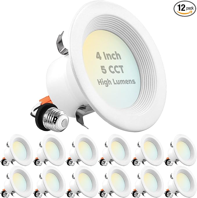 LUXRITE 12-Pack 4 Inch LED Recessed Can Lights, 14W=75W, 5 Color Options 2700K-5000K, 950 Lumens, Dimmable LED Retrofit Kit, Wet Rated, IC Rated, Recessed Ceiling Lights, ETL Listed, Baffle Trim