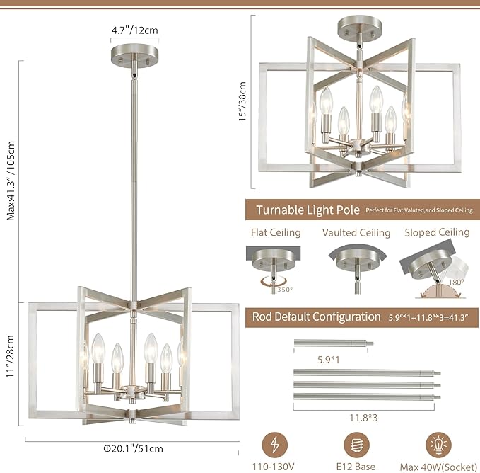 Brushed Nickel Chandelier 6-Light, Dining Room Light Fixture Geometric Metal Modern Chandelier Lighting for Kitchen Island Living Room Entryway, 20 Inch Pendant Lighting Hanging Ceiling Lamp