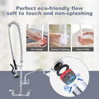 Commercial Kitchen Faucet Wall Mount with Pre-Rinse Sprayer 36" Height Wall Mount Kitchen Sink Faucet 8 Inch Center with 10" Add-on Swing Spout Faucet & Coiled Spring Pull Down Spray