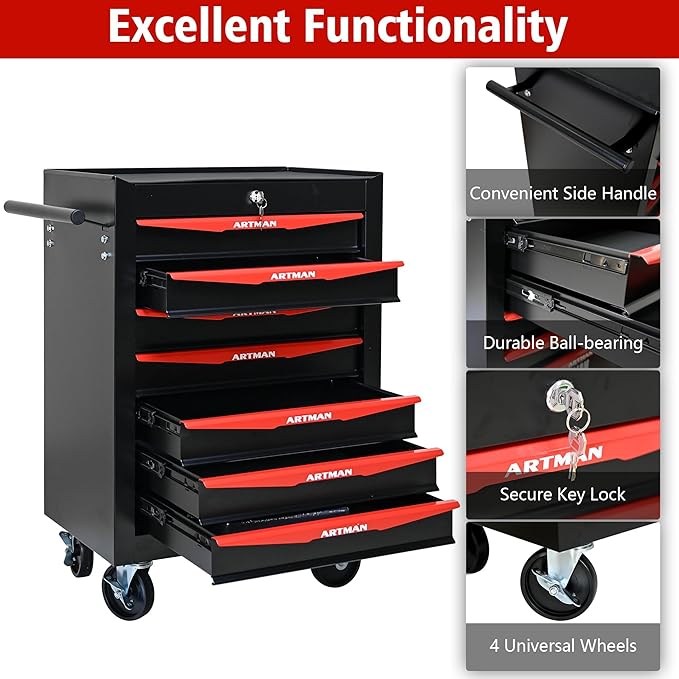 7-Drawer Steel Rolling Tool Cart with Wheels & Handle, Heavy-Duty Tool Chest Storage Cabinet for Garage and Workshop