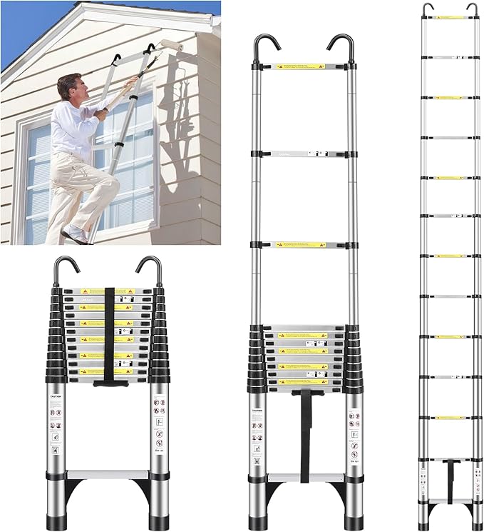 JADDUO 16.5FT Telescopic Ladder, Aluminium Silver Telescoping Ladder with Non-Slip Feet and Stable Hook, Portable Extension Ladder for Household and Outdoor Working, Heavy Duty 330lbs Max Capacity