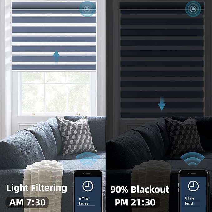 SmartWings Motorized Zebra Shades Work with HomeKit, Alexa, Google Home, 90% Blackout Light Filtering Day Night Sheer Blinds, Privacy Light Control, for Home/Office, Customized, Blue