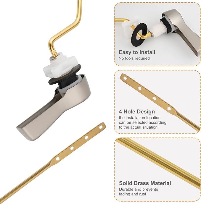 Hibbent Universal Metal Side Mount Toilet Handle Replacement Kit, Brass Toilet Flush Tank Lever with Stainless Steel Flapper Chains for Most Toilets, Brushed Nickel Finish