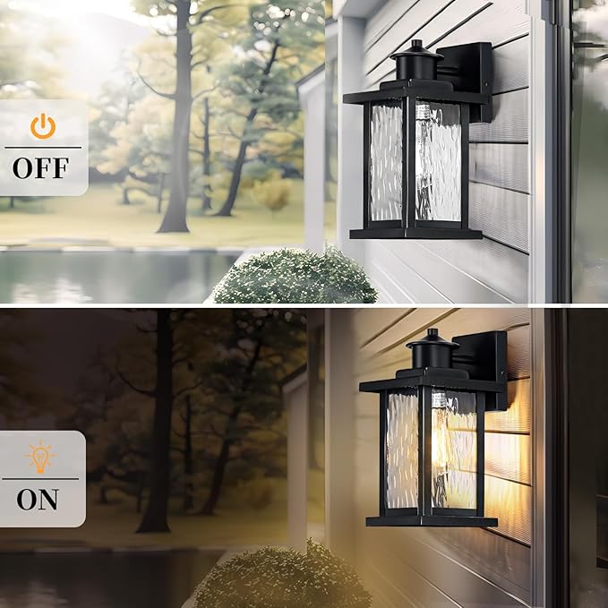 12'' Outdoor Light Fixture 2 Packs, Outdoor Wall Lights Exterior Wall Sconce with Water Ripple Glass, Waterproof Porch Light Lantern Wall Mounted, Modern Black Outside Lights for House Patio Garage