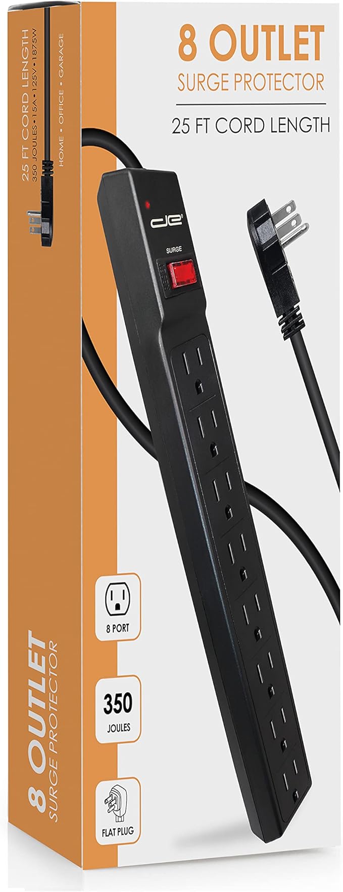 Digital Energy 25 FT 8 Outlet Surge Protector Power Strip - 15 AMP, 1875 W, 125 V, 350 J Surge Protection, ETL Listed - Flat Plug, Black