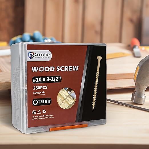 Wood Screws Deck Screws #10x3-1/2, 250 Pcs Torx Structural Screws, Construction Exterior Wood Screws, Timber Screws for Fence Log Landscaping Wood, T25 Bit Included, Yellow