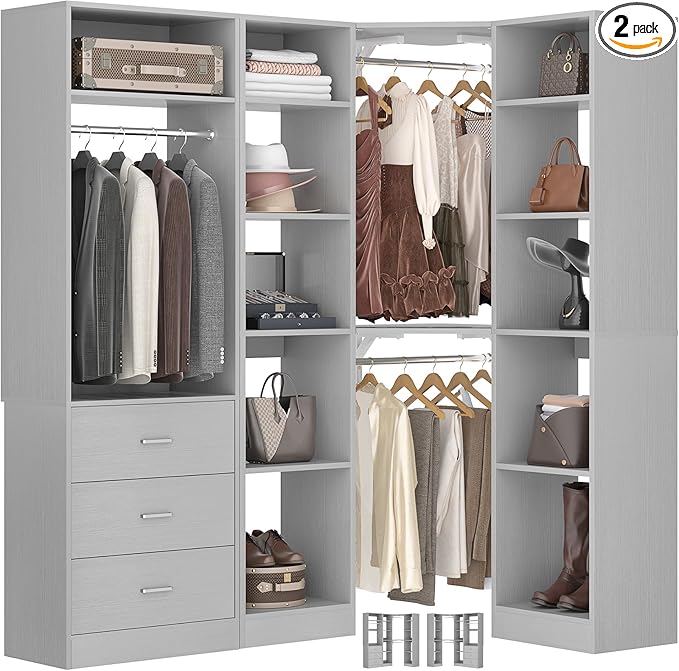 Corner Closet System with 3 Drawers, Corner Closet Organizer System with 13 Shelves & 3 Hanging Rods, 63.2"L * 39.2"W Reversible L Shaped Walk-in Closets, Load 2000+LBS, Grey